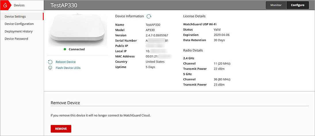 Screenshot of the Device Settings page in WatchGuard Cloud